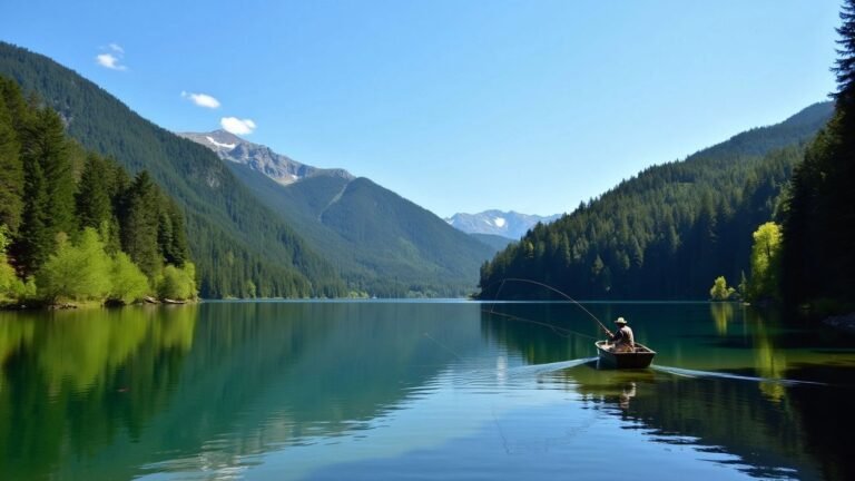 Fisherman on a lake surrounded by trees and nature.