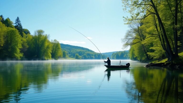 Fisherman casting line from boat on a tranquil lake.