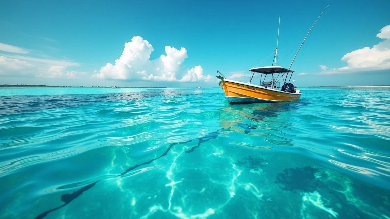 Fishing boat on clear blue ocean water.