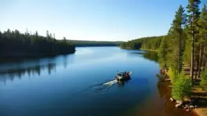 Fishing boat on a tranquil lake in Manitoba's wilderness.