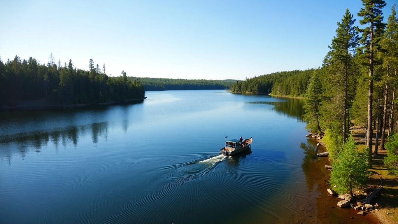 Fishing boat on a tranquil lake in Manitoba's wilderness.