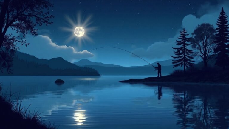 Fisherman casting line on a calm lake at night.