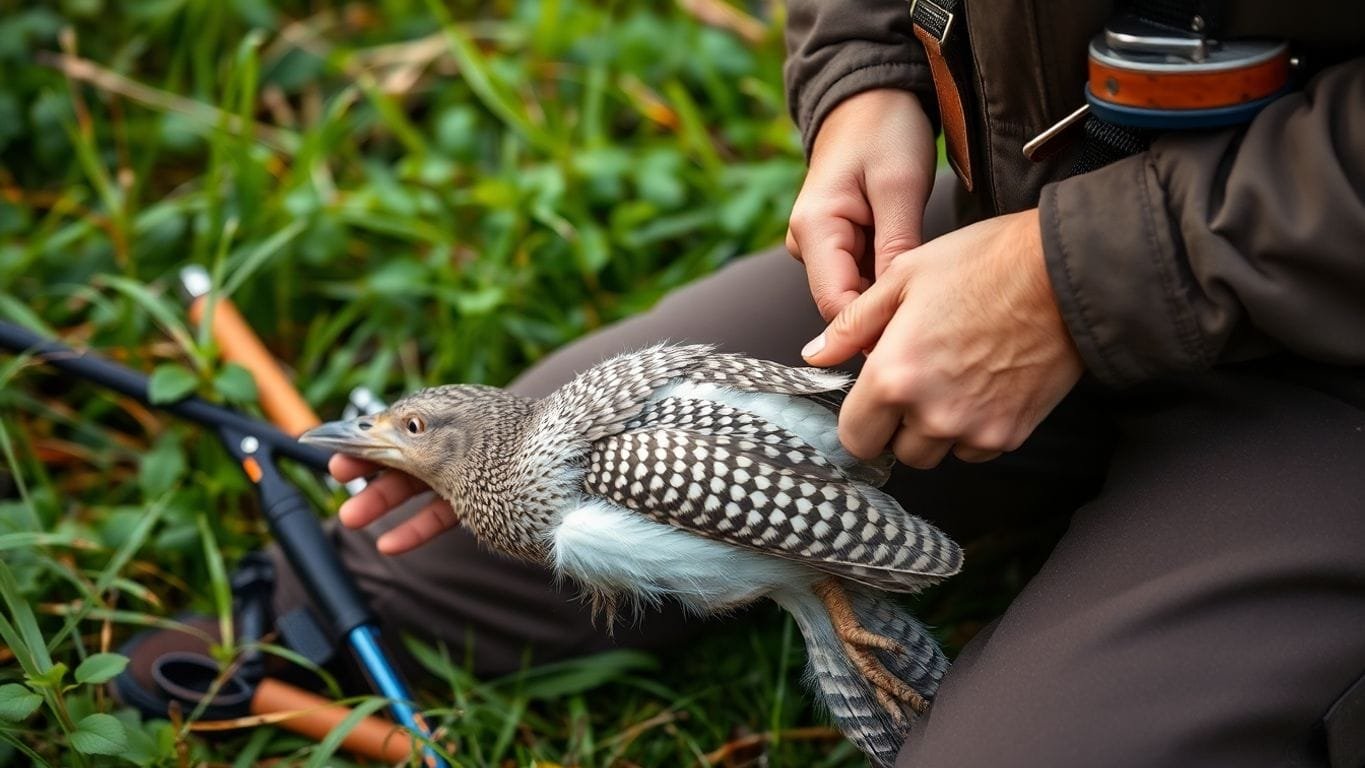 Hunter field dressing a small game bird outdoors.