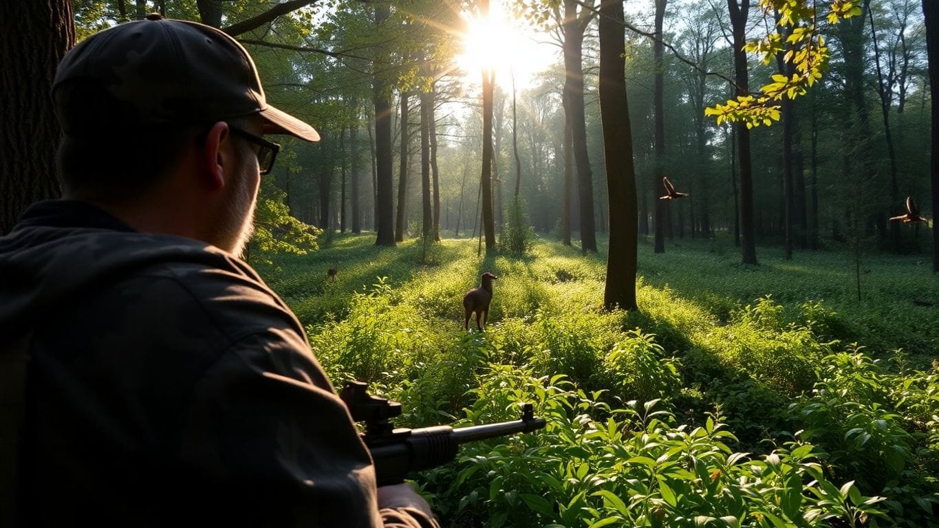 Hunter observing nature in a lush forest setting.