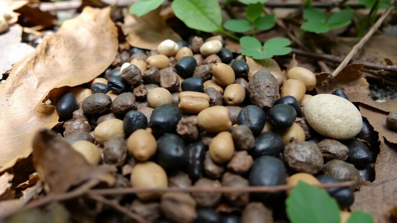 Close-up of animal scat in a forest.