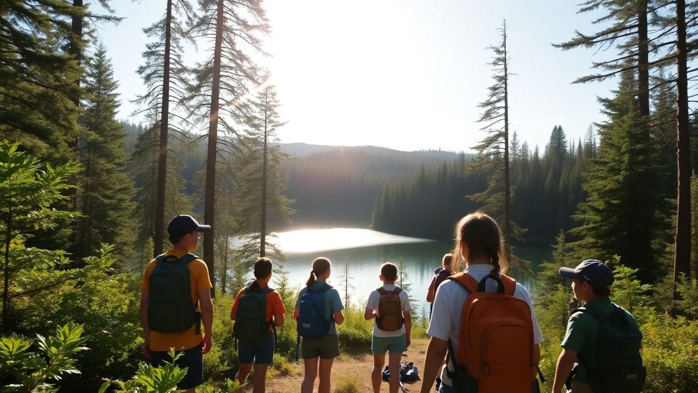 Scouts hiking in a vibrant forest landscape.