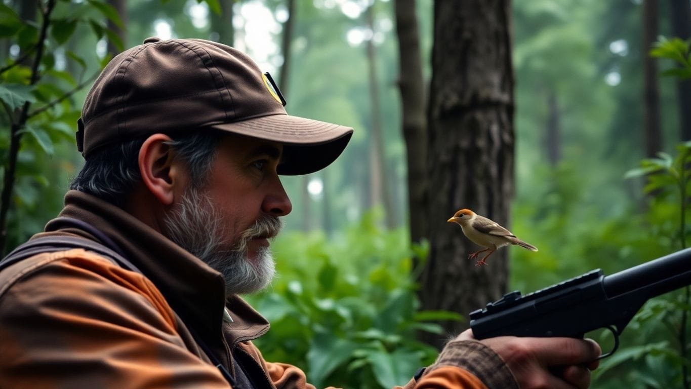 Hunter observing small game bird in a forest.