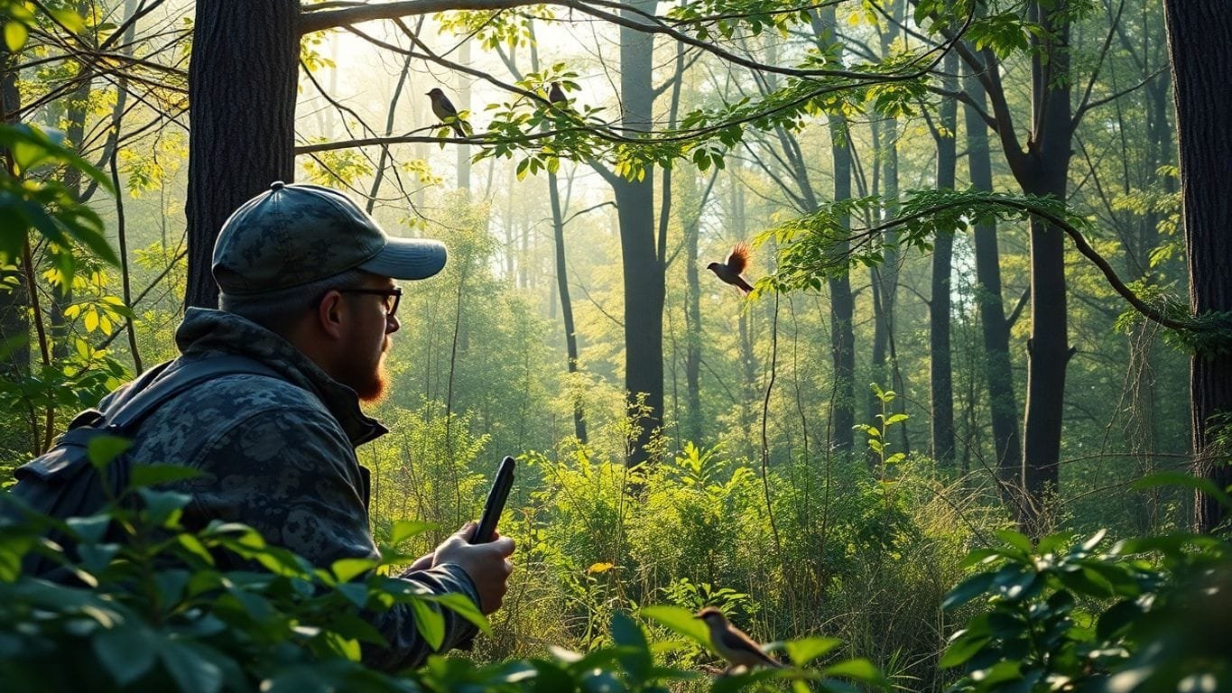 Hunter in forest observing small game and birds.