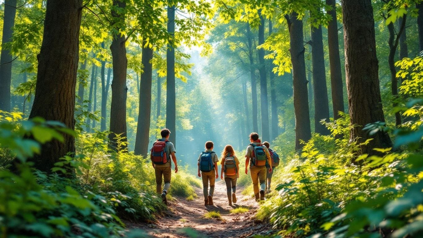 Scouts hiking on a forest trail surrounded by trees.