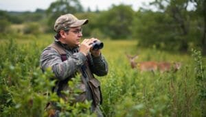 Hunter scouting in a green landscape for small game.