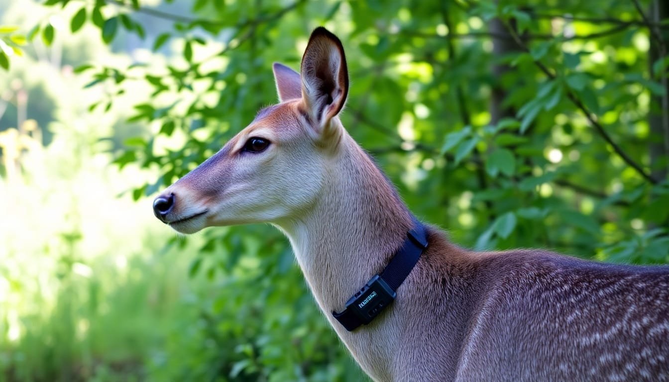 GPS collar on a wild animal in lush greenery.