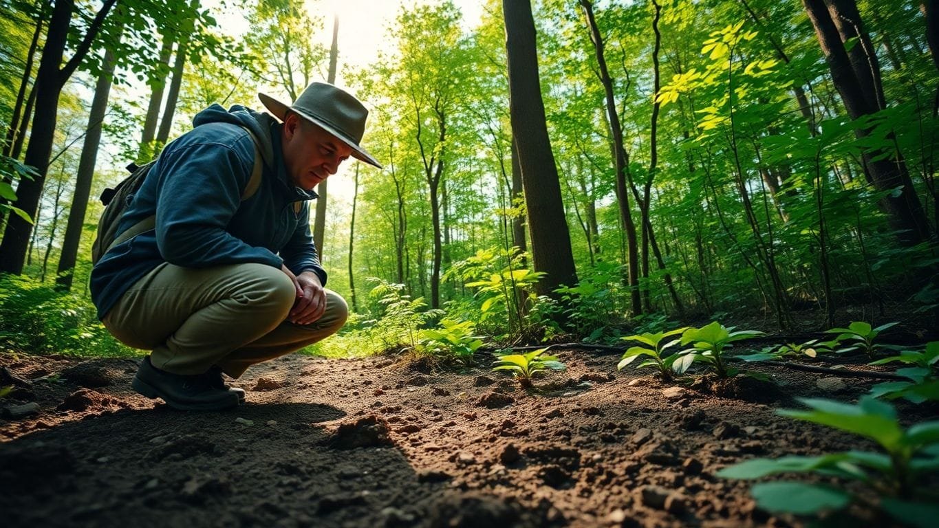 A tracker examining animal tracks in a forest. Identifying Scat and Other Animal Signs