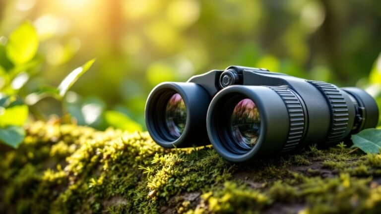 High-quality binoculars on a mossy log outdoors.