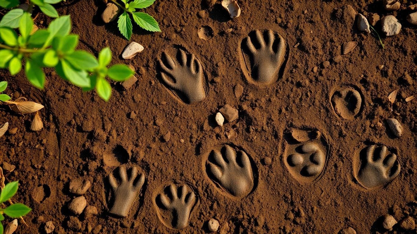 Close-up of animal tracks in soil with foliage.