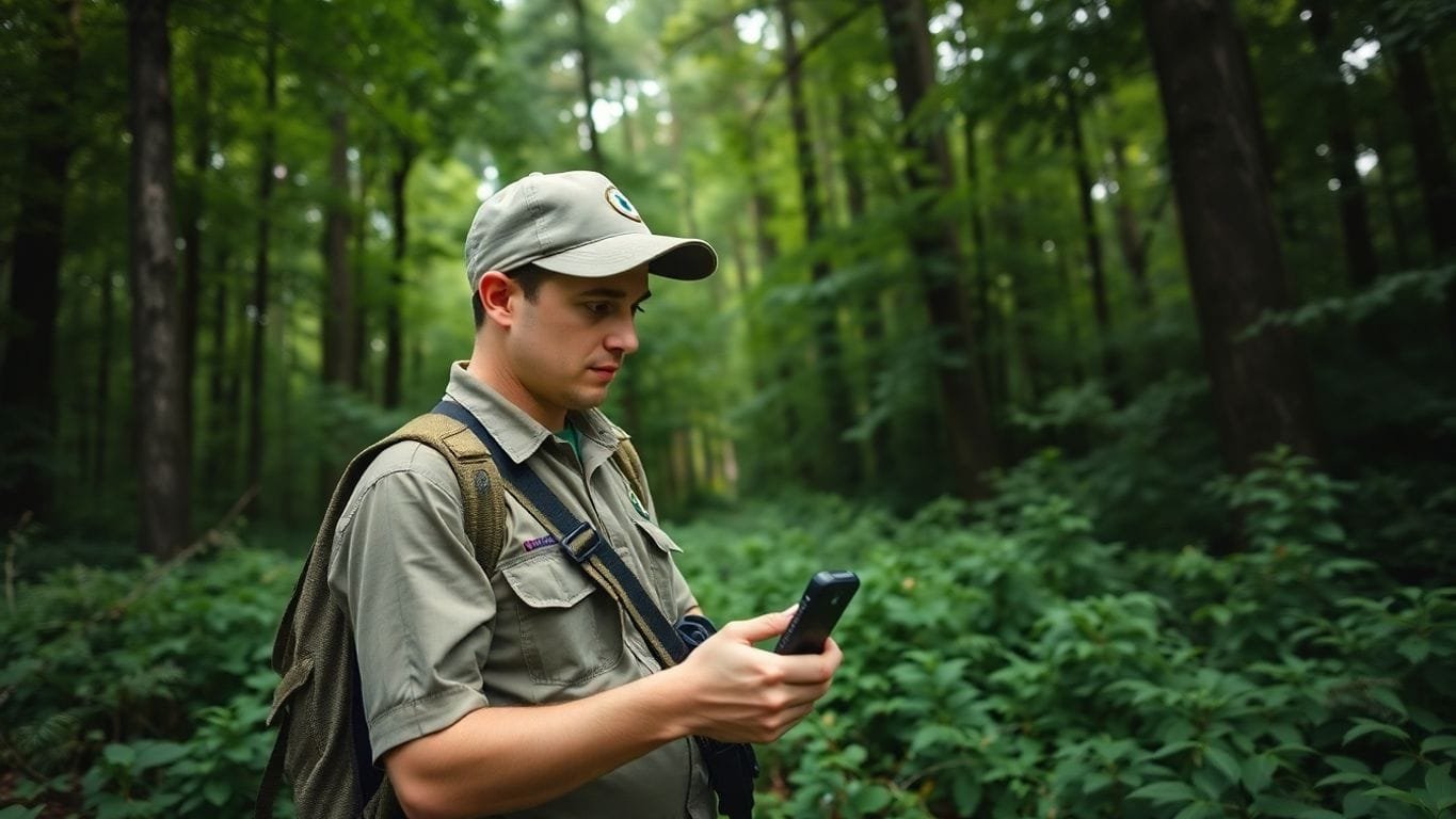 Scout with GPS in a dense forest setting.