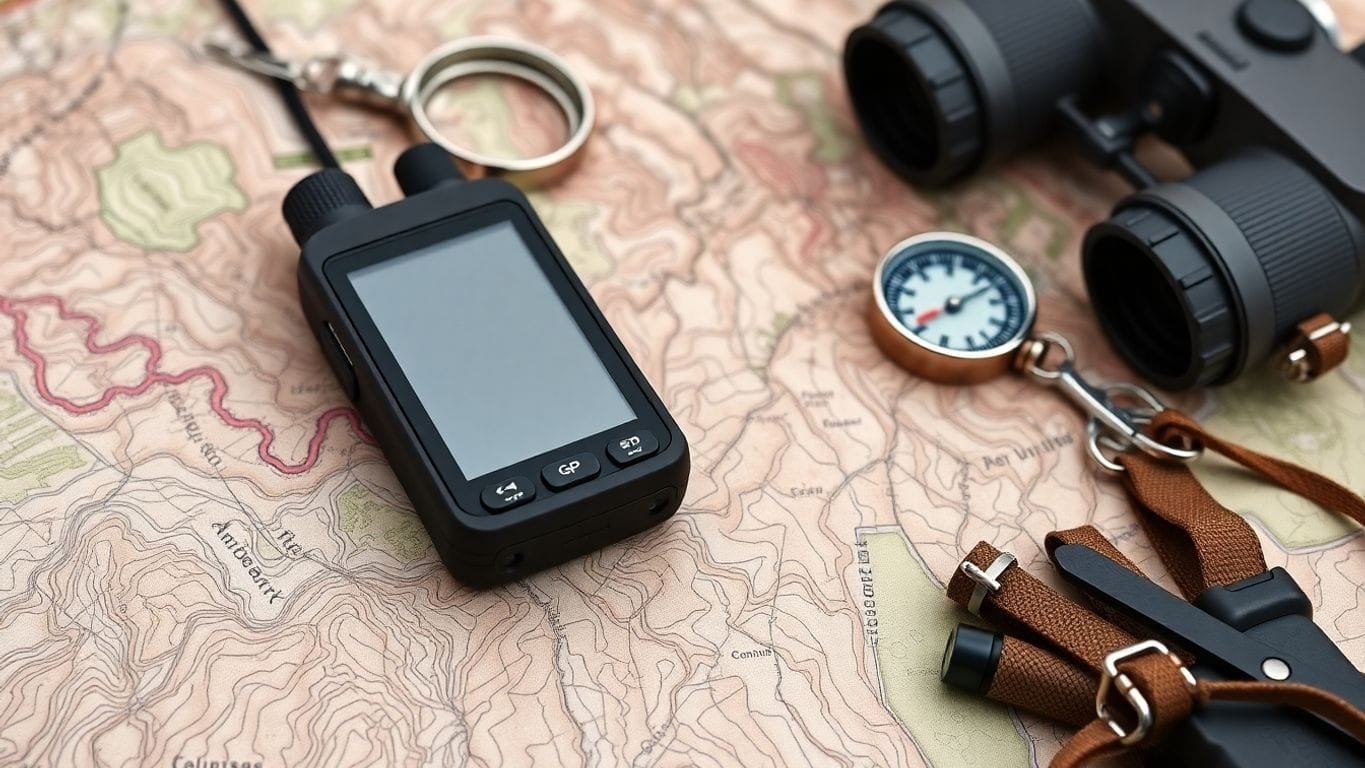 GPS device on a map with outdoor gear.