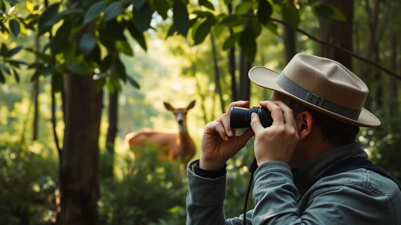 A birdwatcher observing a deer in a forest.