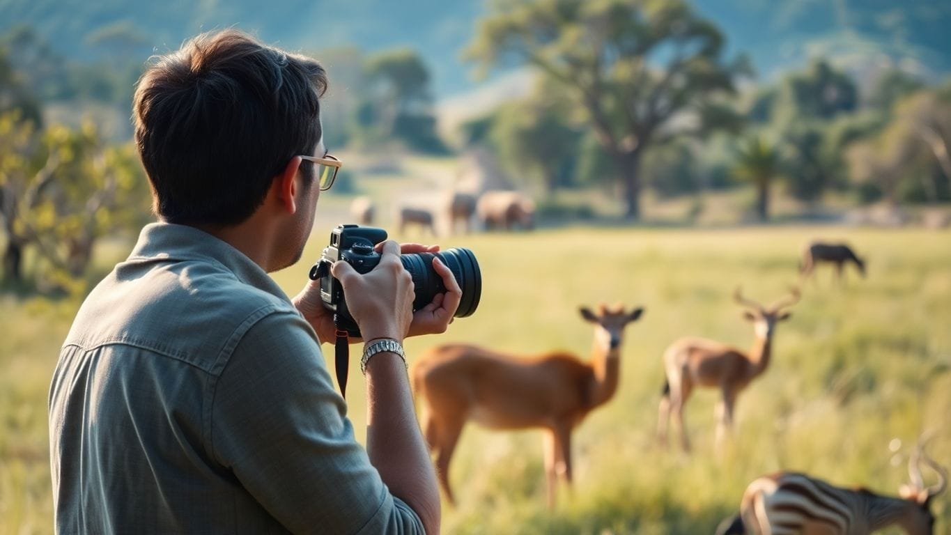 Photographer observing wildlife in natural habitat.