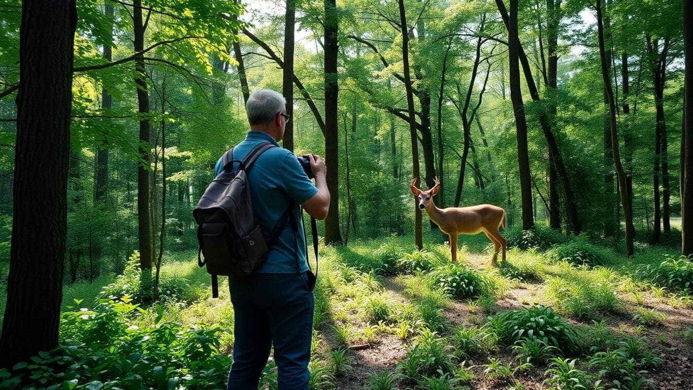 Wildlife photographer observing a deer in the forest.