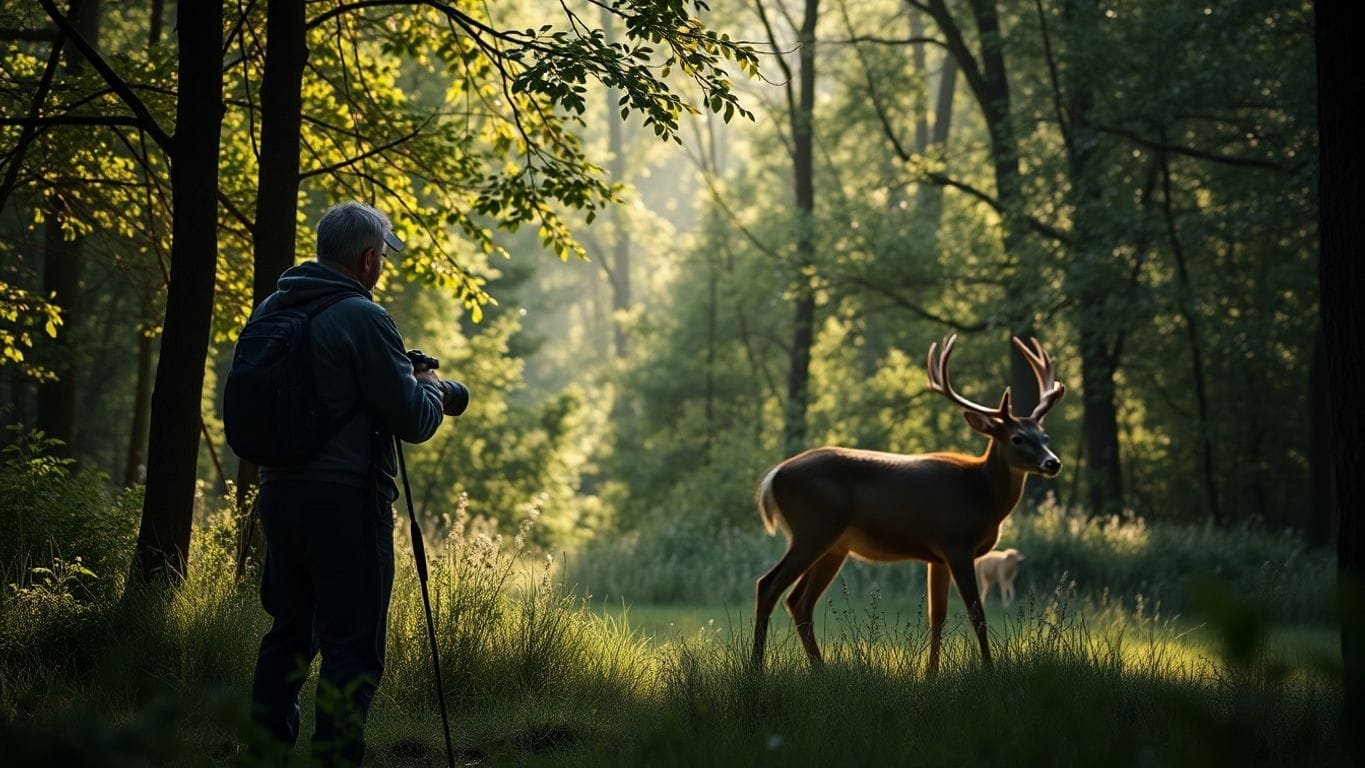 Photographer observing deer in a natural setting.