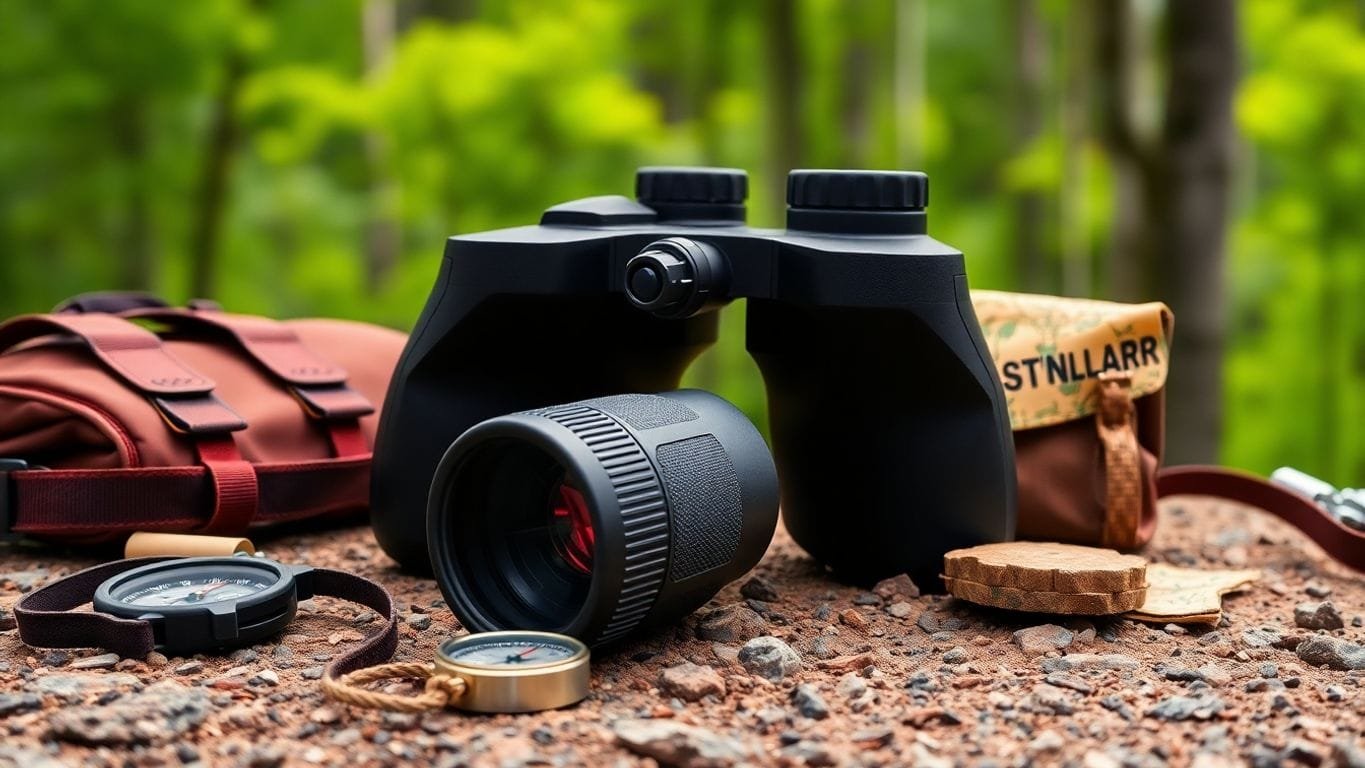 Binoculars and outdoor gear on a natural surface.