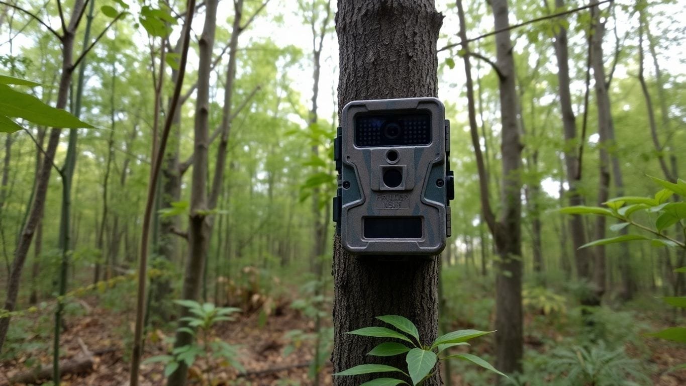 Trail camera mounted on a tree in a forest.