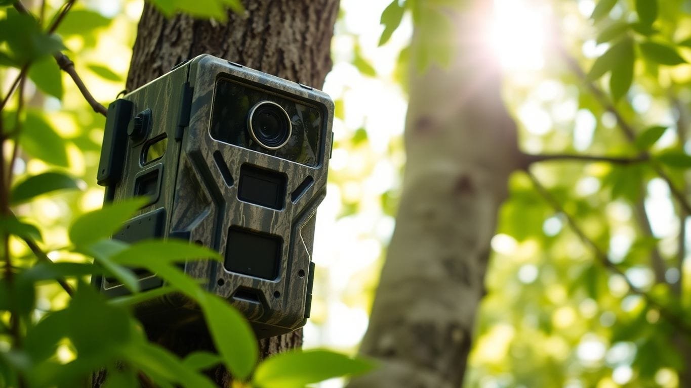 Trail camera on a tree in a forest setting.