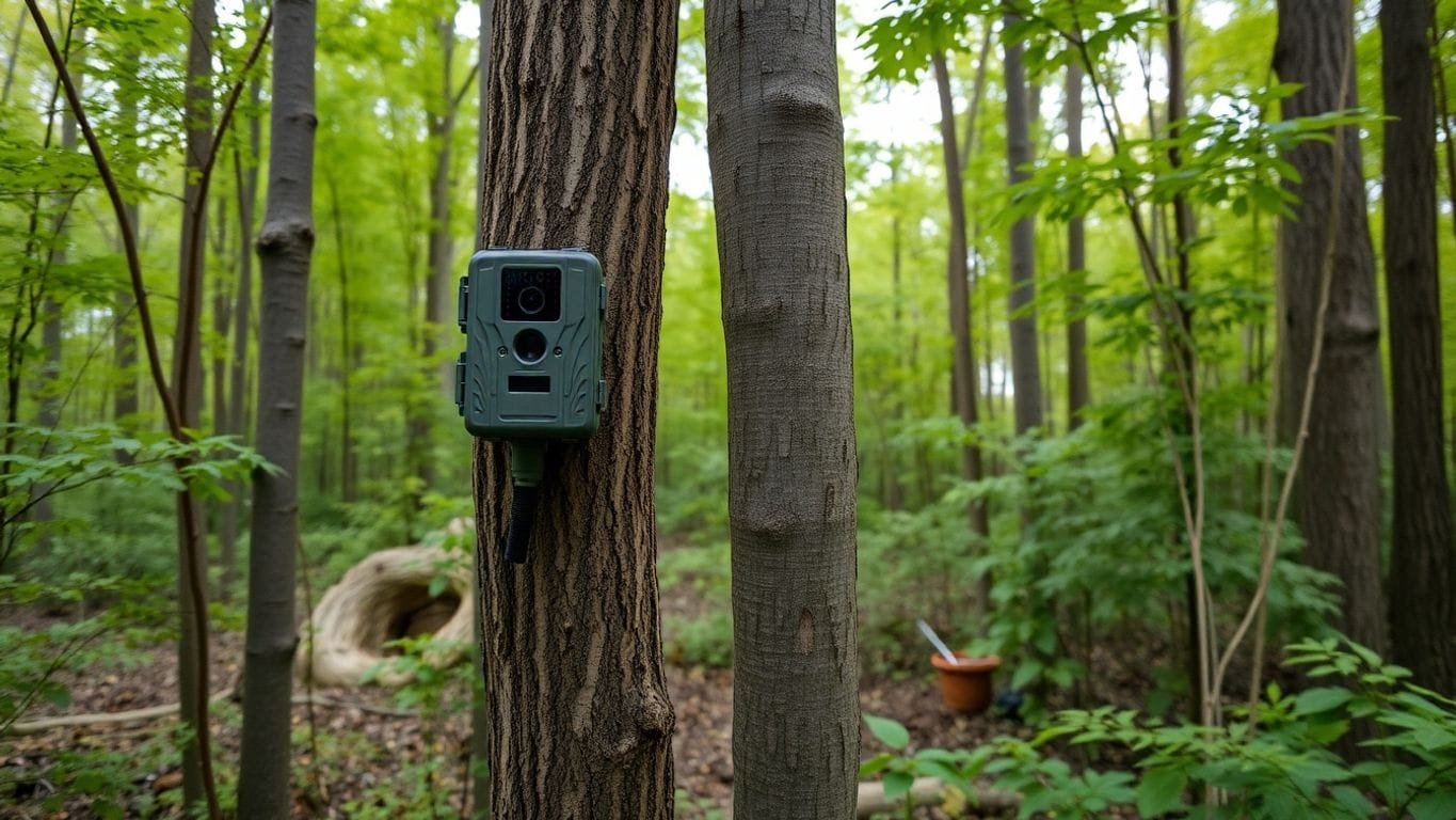 Trail camera mounted on a tree in a forest.