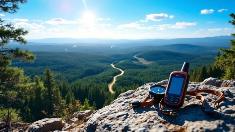 Using Maps and GPS for Scouting,Forest trail with compass and GPS device on rock.