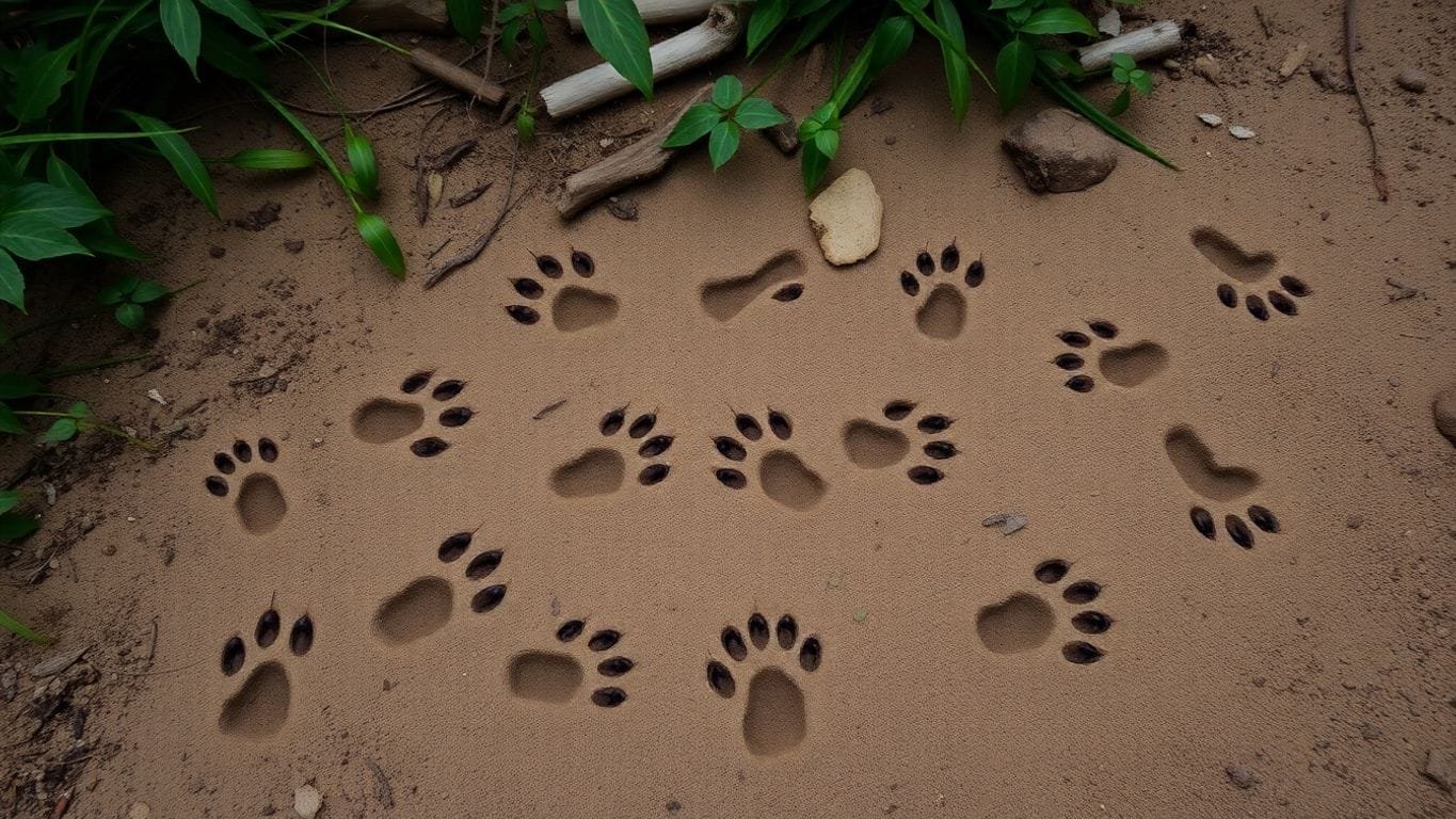 Animal tracks in a natural setting among green foliage.Reading Animal Behavior from Tracks.