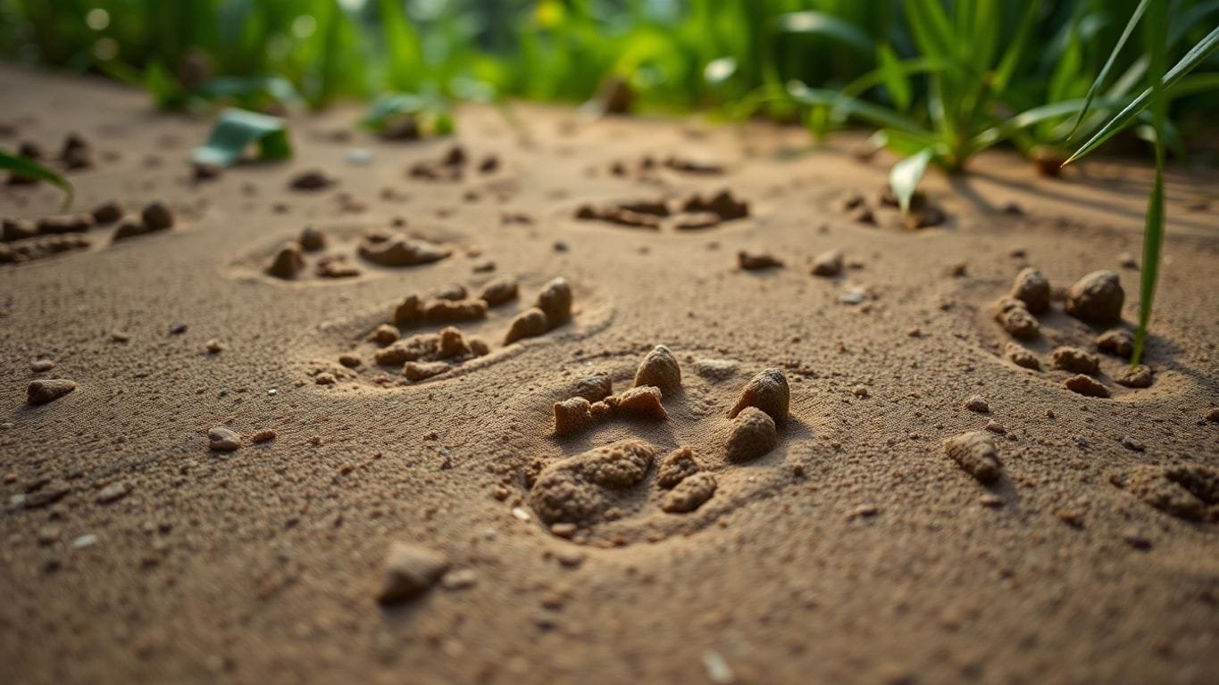 Close-up of animal tracks in soft earth and greenery.