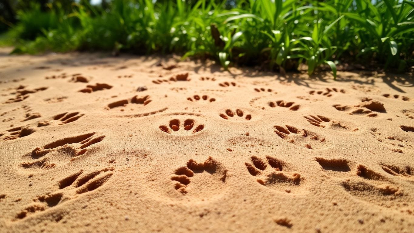 Close-up of animal tracks in soft earth.