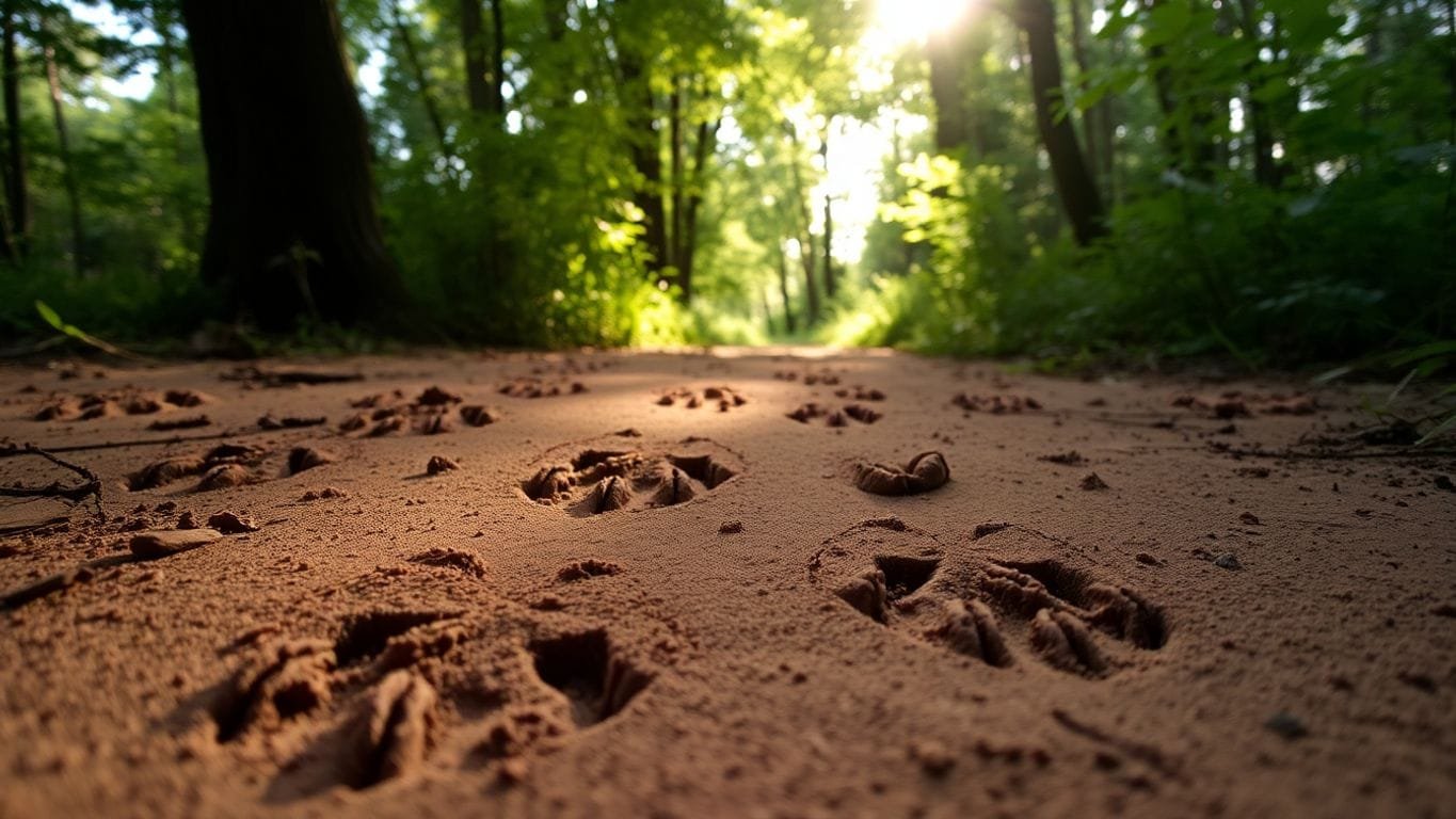 Close-up of animal tracks in a forest.