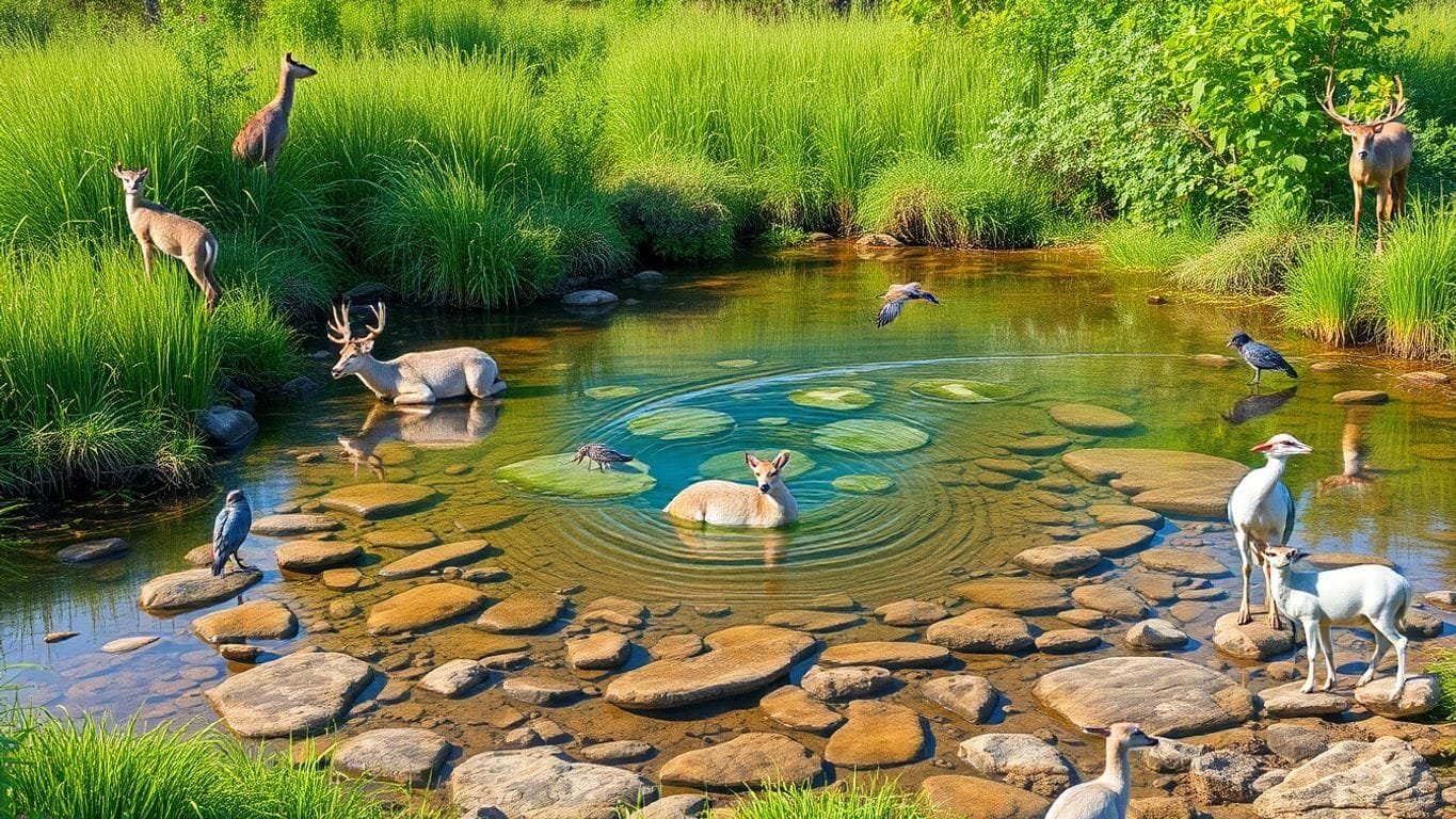 Wildlife gathered around a clear water source in nature.