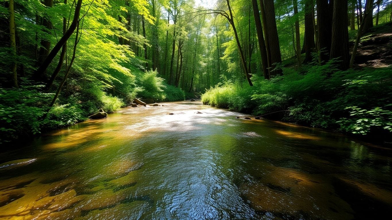 Clear stream in a lush forest setting.