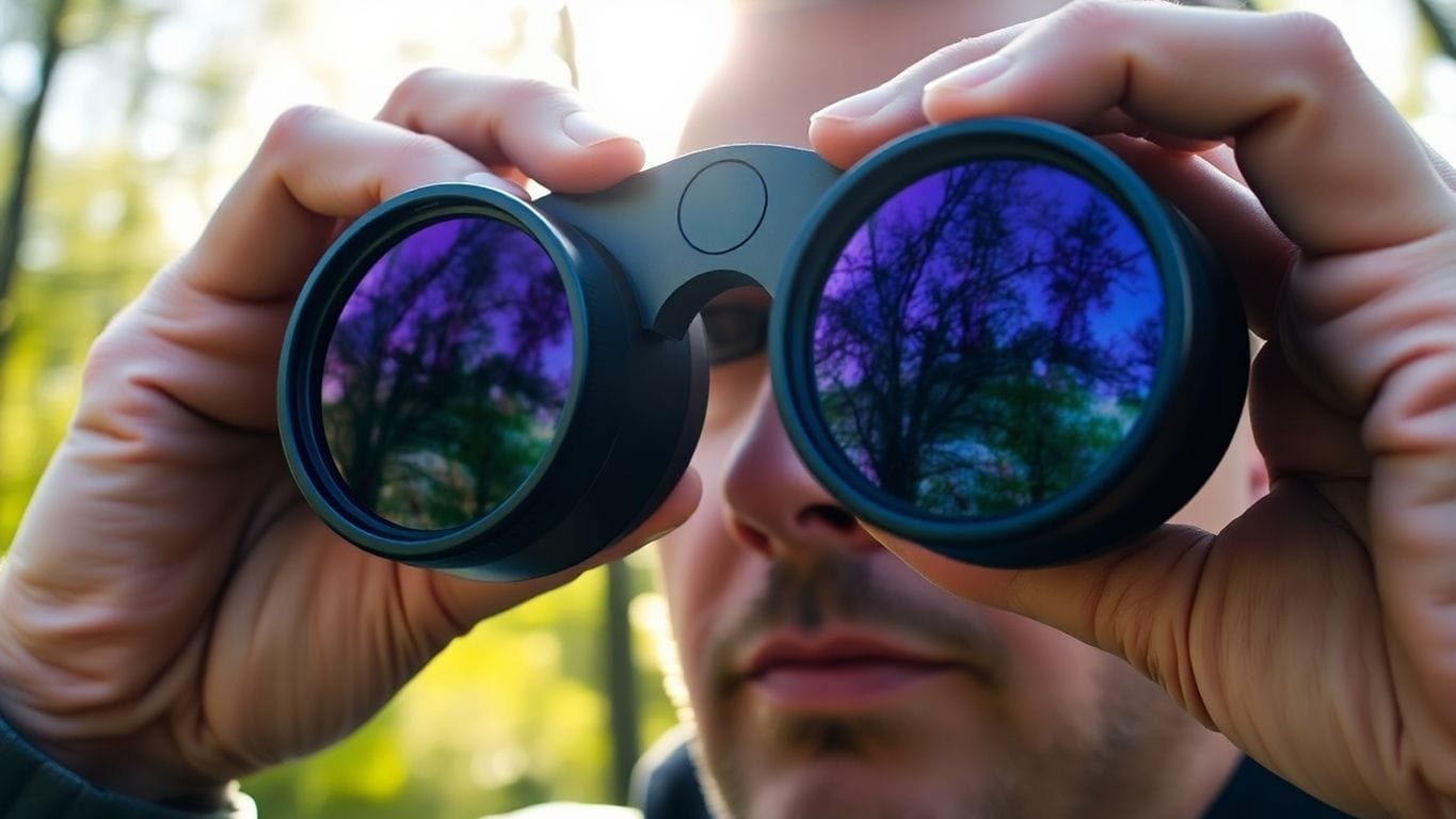 Person cleaning binoculars in a natural outdoor setting.