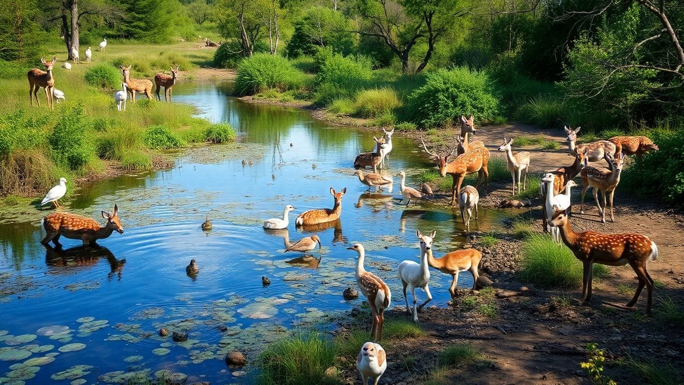 Wildlife gathering around a clear water source.