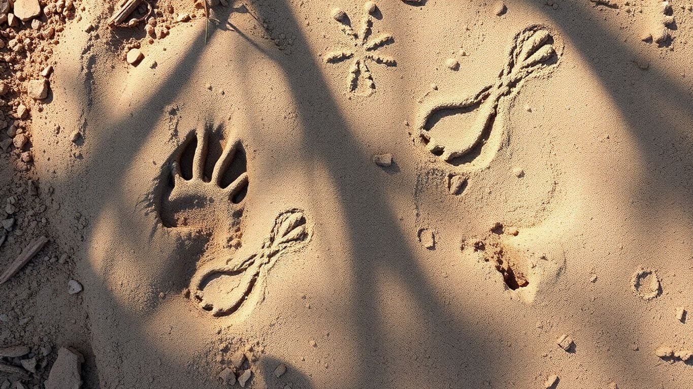 Animal tracks of predator and prey in nature.