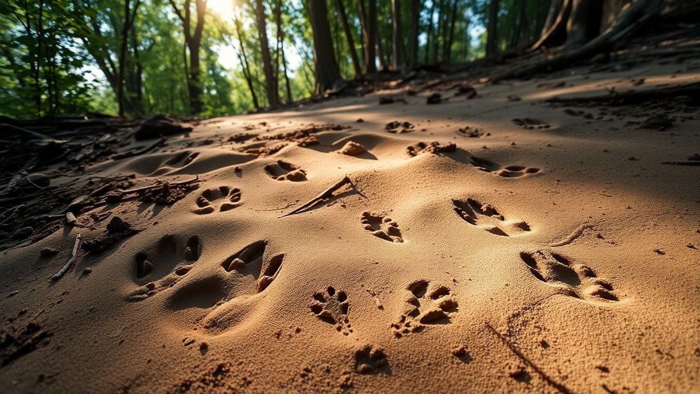 Close-up of animal tracks in forest soil.