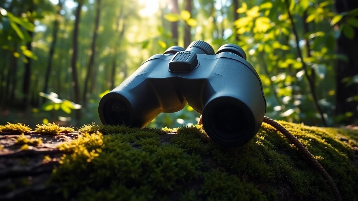 Close-up of binoculars on a mossy log.