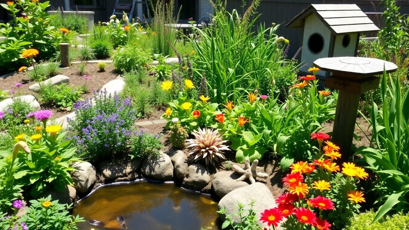 Colorful wildlife-friendly garden with plants and a pond.