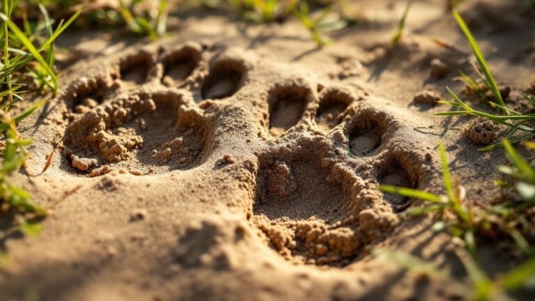 Close-up of aged animal tracks in soft earth.