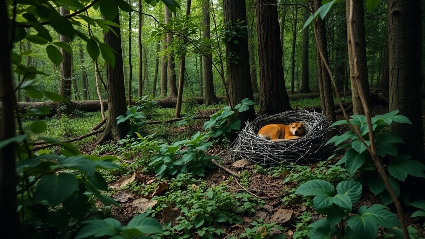 Wildlife bed sites and nests in a natural forest setting.