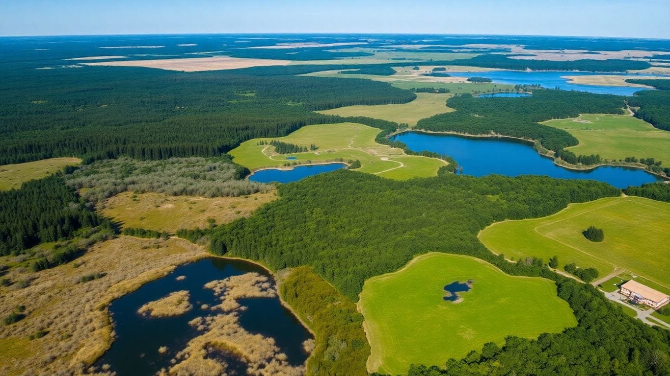 Aerial view of wildlife habitats and feeding areas.