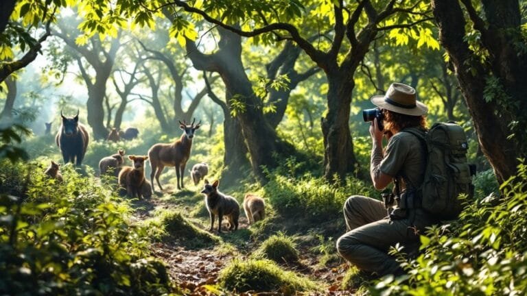 Wildlife observer with binoculars in a forest setting.