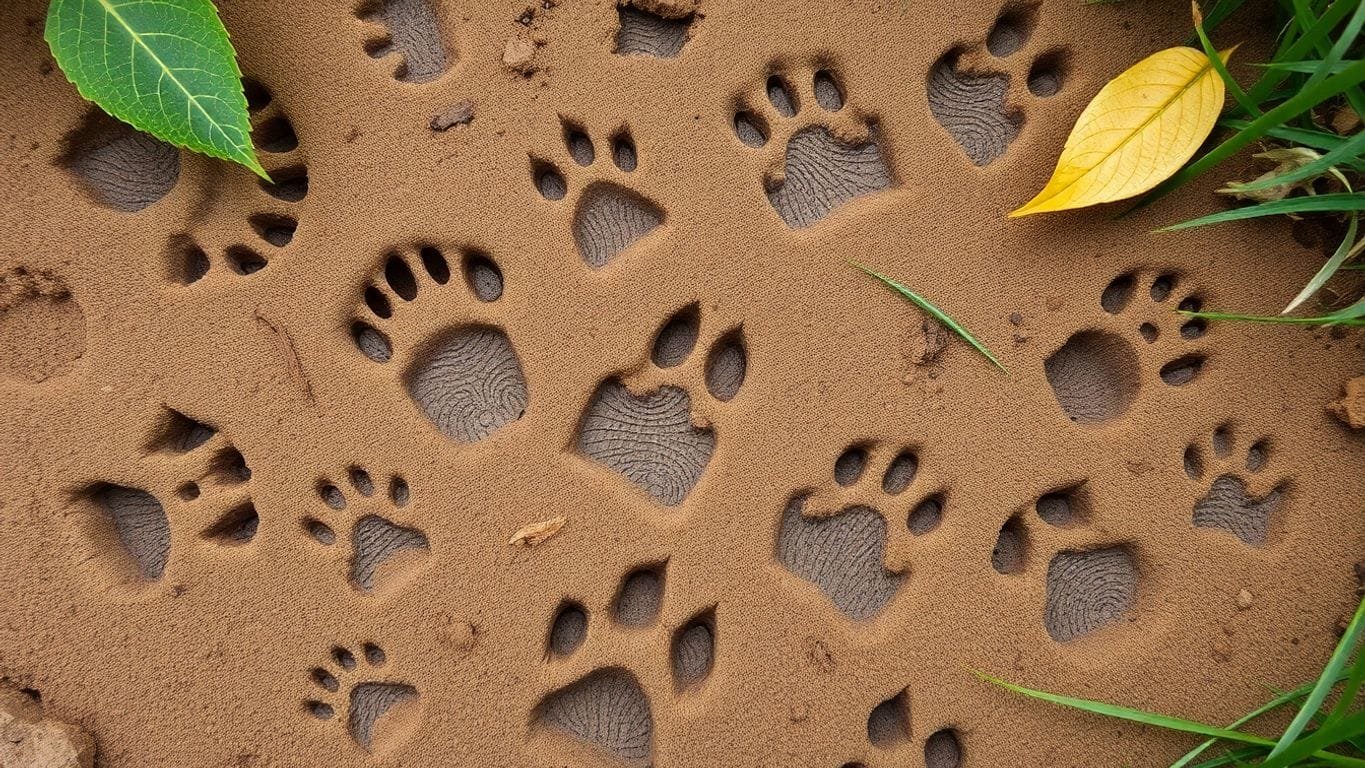 Close-up of diverse animal tracks in soft earth.