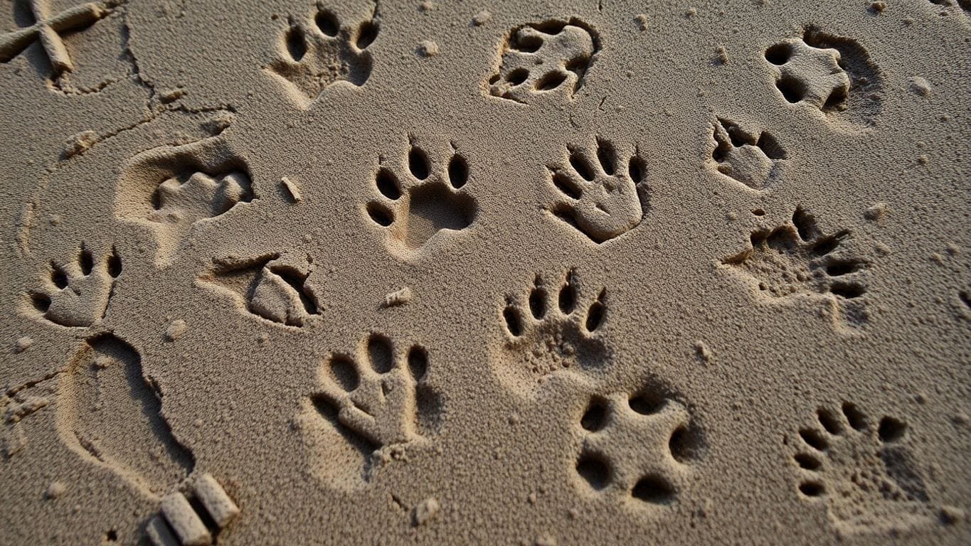 Close-up of diverse animal tracks in soft soil.