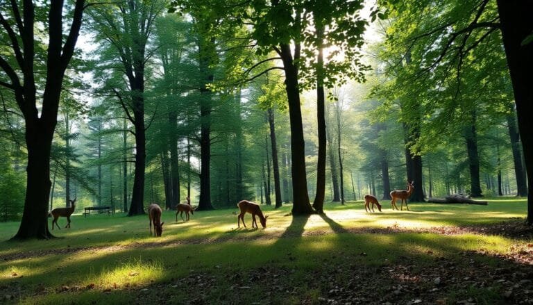 Identifying Bed Sites and Feeding Areas, Forest wildlife feeding among trees in a natural setting.