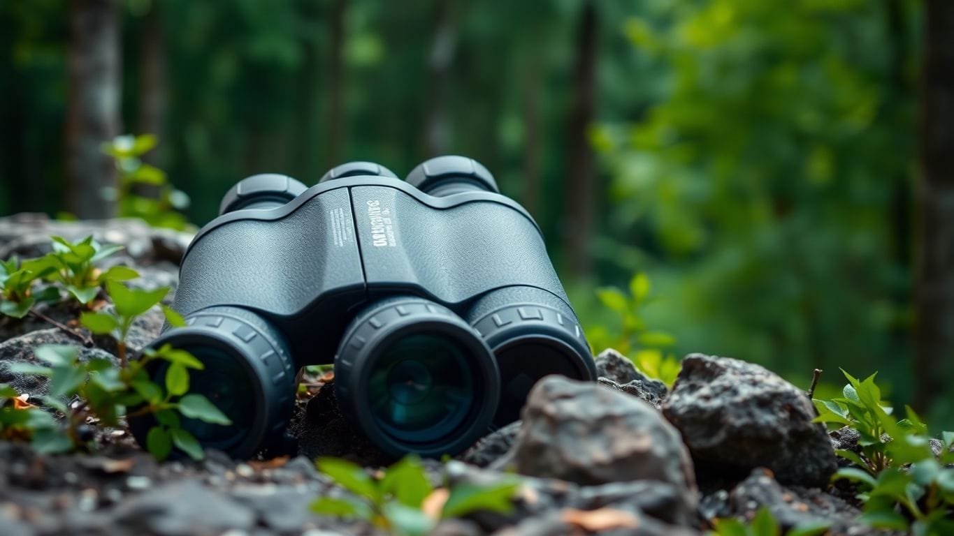 Binoculars on rocks in a lush forest setting.