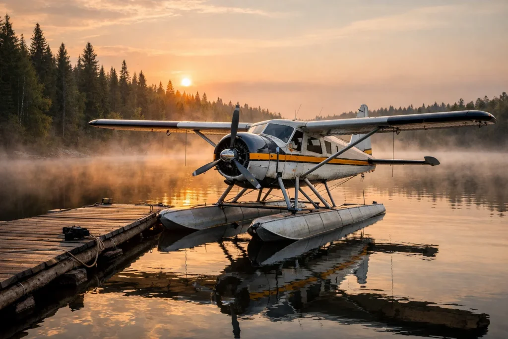 Floatplane fly-in fishing lodge scene on a remote Manitoba lake with angling gear and dock
